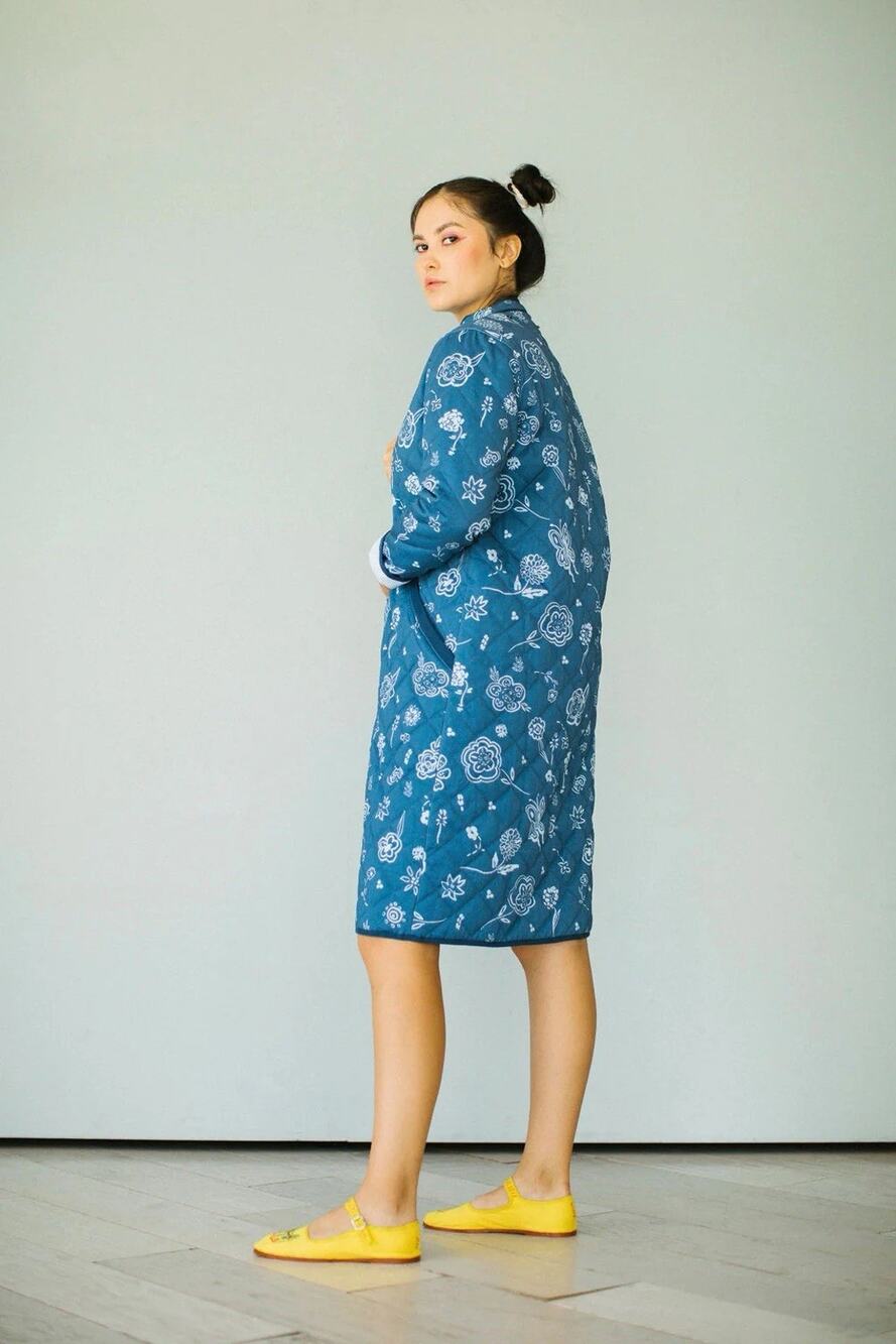 My Little Belleville Women's The Beijing Quilted Coat - Blue Floral Size S/M